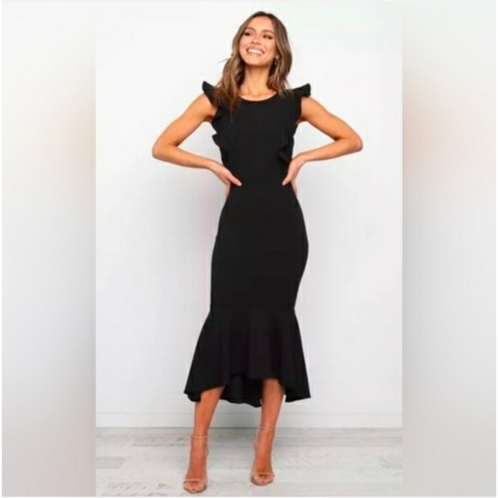 Petal and Pup Yvonne Black Hi Lo Midi Dress Ruffle Open Back Cutout Womens L